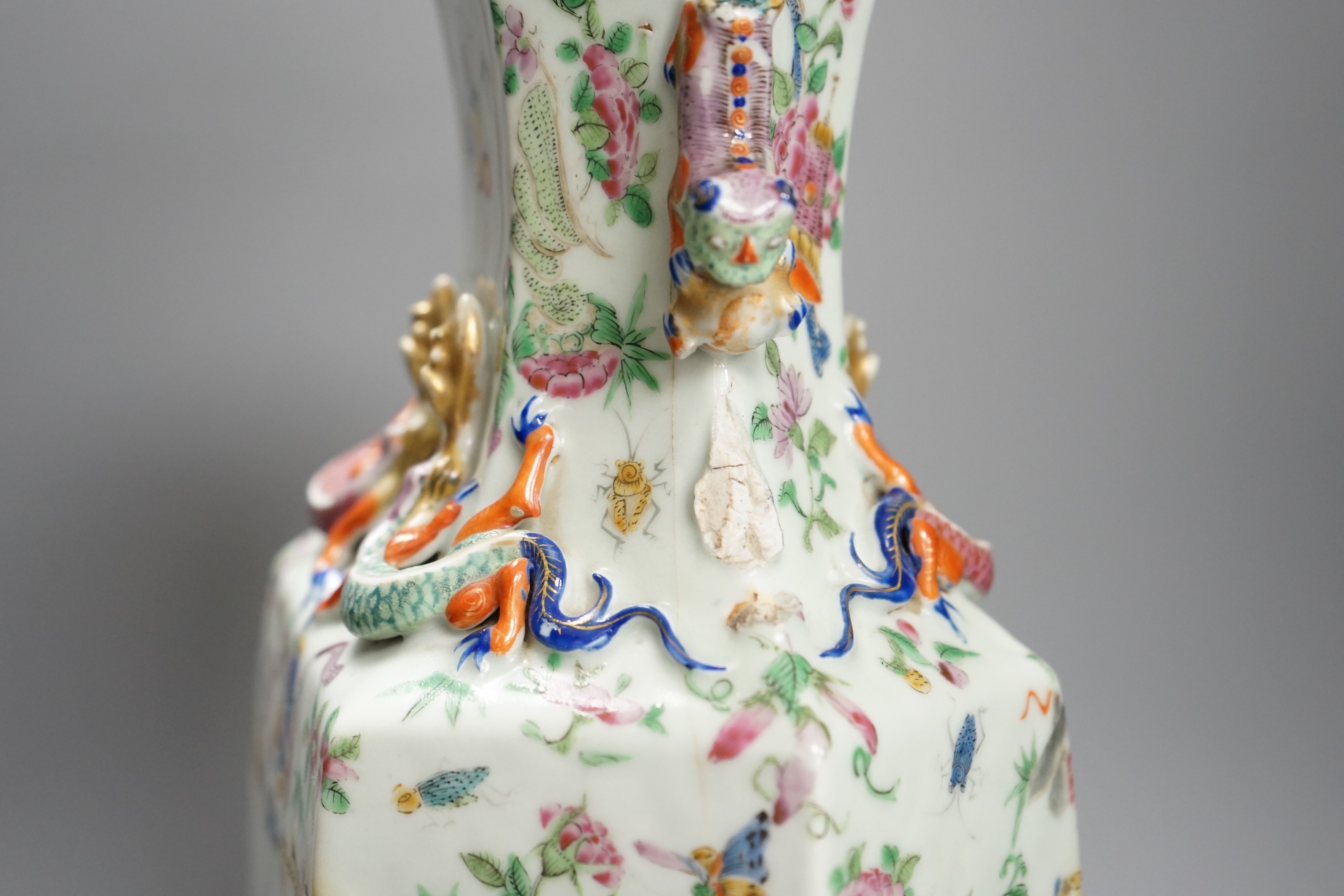 A 19th century Chinese famille rose hexagonal vase, 42cm